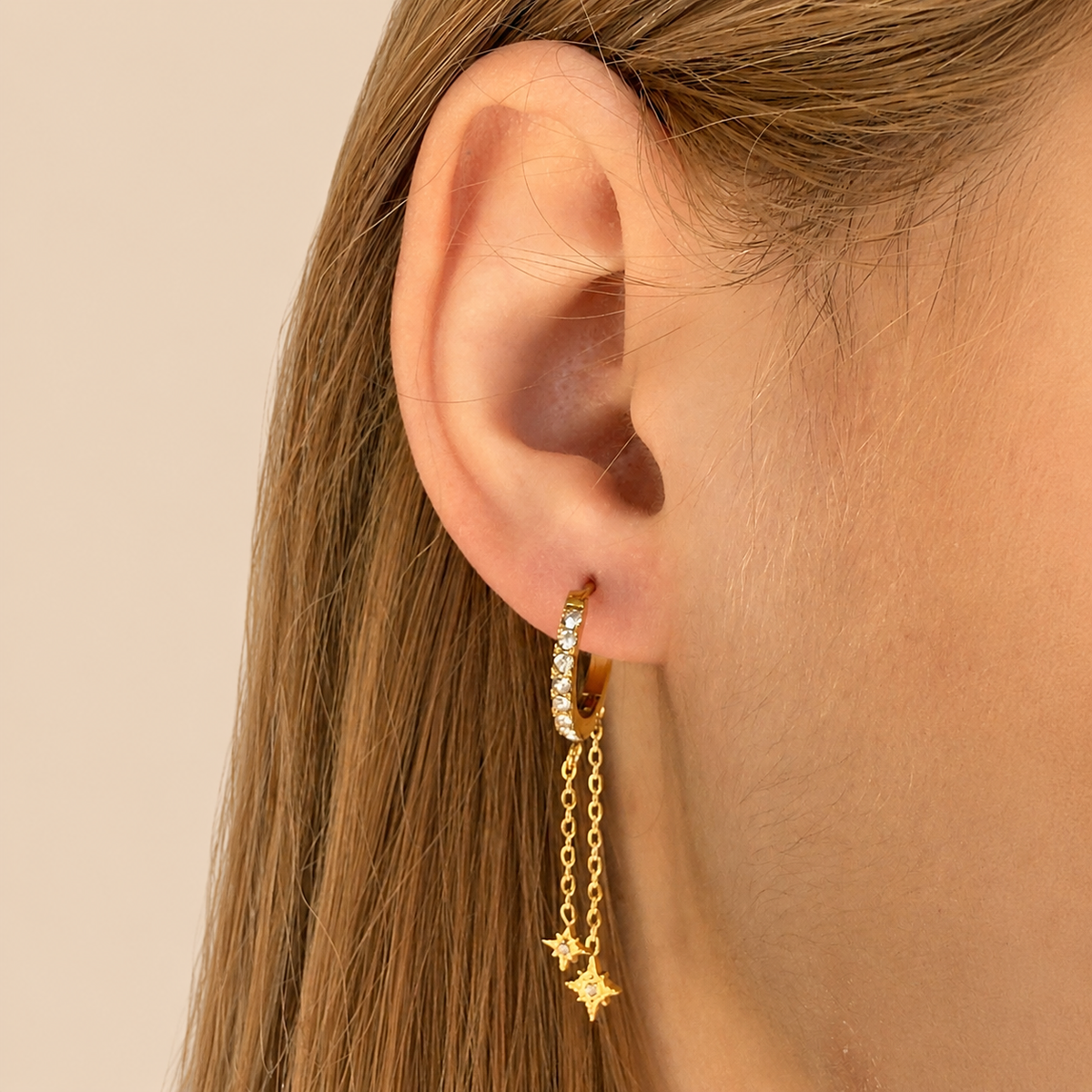 Paire de boucles d'oreilles créoles zircon double chaîne étoiles pendantes Kyra